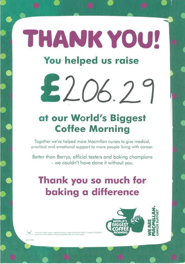 Thank you to all those who attended our Macmillan Coffee Mornings!